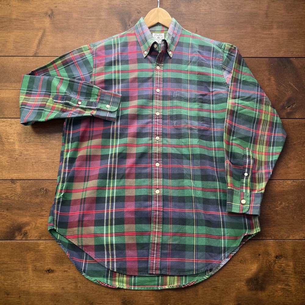 Vintage Brooks Brothers Mens (M) Green Red Plaid Tartan Button Down Sport Shirt